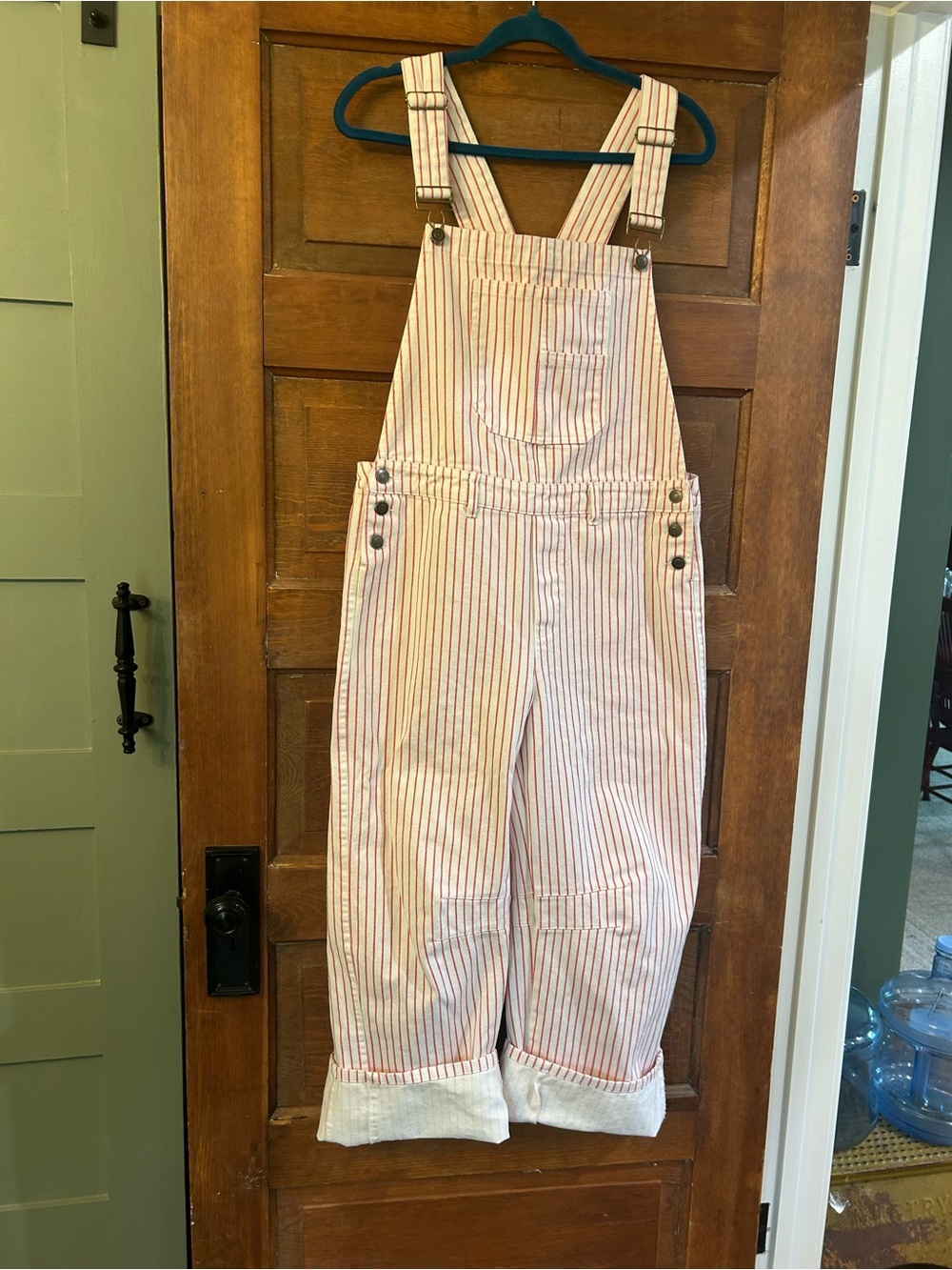 Peach Love California Cream and Red Striped Overalls